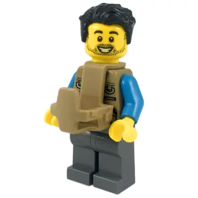  Camper - Male, Dark Tan Vest over Dark Azure Shirt, Dark Bluish Gray Legs, Black Tousled Hair, Baby Carrier