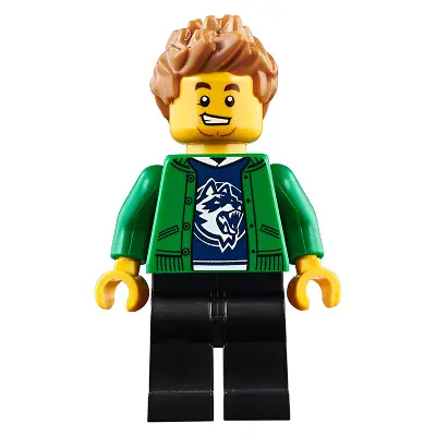  Hiker, Male, Green Jacket over Raccoon Shirt, Black Legs, Medium Nougat Spiked Hair