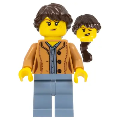  Nature Photographer - Female, Medium Nougat Jacket, Sand Blue Legs, Dark Brown Hair Ponytail Long French Braided