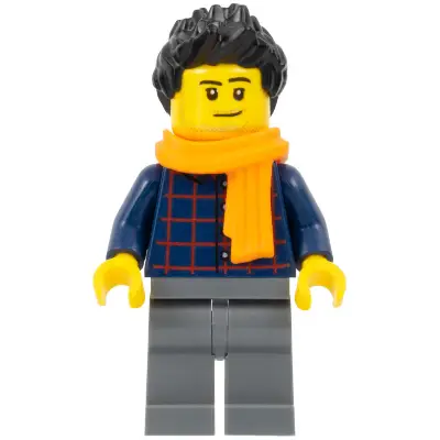  Street Performer / Busker - Male, Dark Blue Plaid Button Shirt, Dark Bluish Gray Legs, Black Spiked Hair, Orange Scarf, Stubble