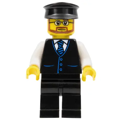  Bus Driver - Male, Black Vest with Blue Striped Tie, Black Legs, Black Hat, Glasses and Beard