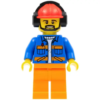  Airport Flagger - Male, Blue Jacket with Diagonal Lower Pockets and Orange Stripes, Orange Legs, Red Construction Helmet with Black Ear Protectors / Headphones