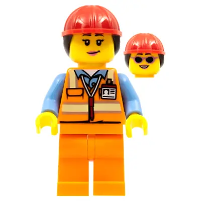  Airport Luggage Handler - Female, Orange Safety Vest with Reflective Stripes, Orange Legs, Red Construction Helmet with Dark Brown Ponytail Hair