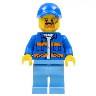  Garbage Worker - Male, Blue Jacket with Diagonal Lower Pockets and Orange Stripes, Medium Blue Legs, Blue Cap with Hole, Goatee and Splotches