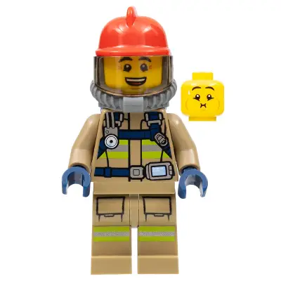  Fire - Reflective Stripes, Dark Tan Suit, Red Fire Helmet, Open Mouth, Breathing Neck Gear with Blue Air Tanks