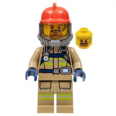  Fire - Reflective Stripes, Dark Tan Suit, Red Fire Helmet, Open Mouth with Goatee, Breathing Neck Gear with Blue Air Tanks
