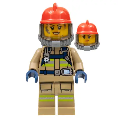  Fire - Reflective Stripes, Dark Tan Suit, Red Fire Helmet, Open Mouth with Nougat Lips and Dirty Face, Breathing Neck Gear with Blue Air Tanks