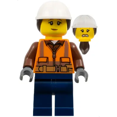  Construction Worker - Female, Orange Safety Vest, Reflective Stripes, Reddish Brown Shirt, Dark Blue Legs, White Construction Helmet with Dark Brown Ponytail Hair, Nougat Lips