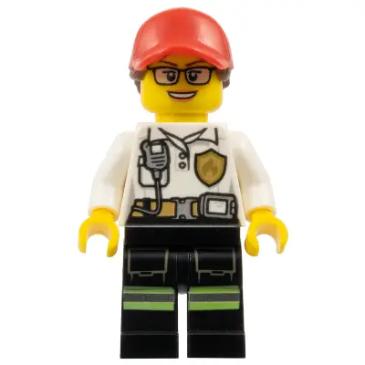  Fire - Female White Shirt with Fire Logo Badge and Belt, Reflective Stripes on Black Legs, Red Cap with Ponytail