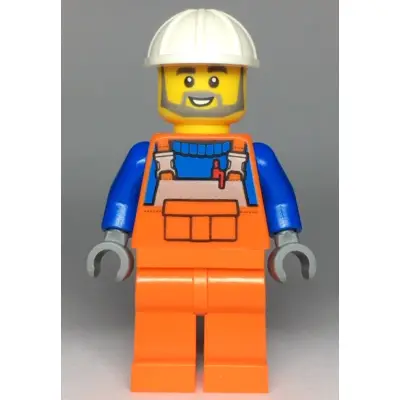  Construction Worker - Male, Orange Overalls with Reflective Stripe and Buckles over Blue Shirt, Orange Legs, White Construction Helmet, Beard
