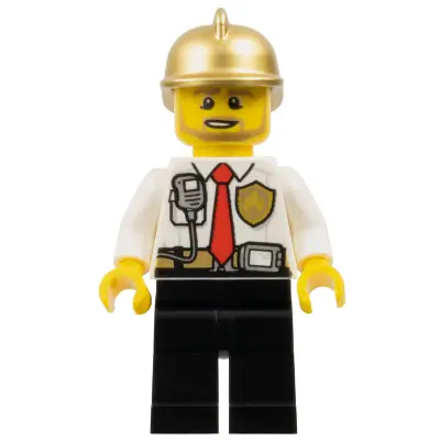  Fire - White Shirt with Tie and Belt and Radio, Black Legs, Gold Fire Helmet