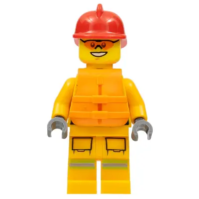  Fire - Reflective Stripes, Bright Light Orange Suit, Life Jacket, Red Fire Helmet