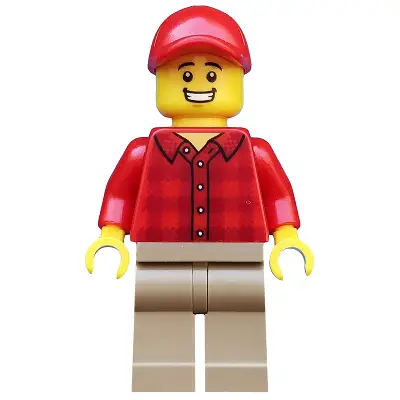  Popcorn Vendor - Male, Red Plaid Flannel Shirt, Dark Tan Legs, Red Cap