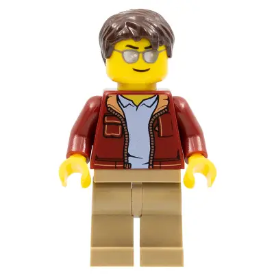  Man, Dark Red Jacket with Bright Light Blue Shirt, Dark Tan Legs, Dark Brown Short Tousled Hair, Sunglasses (Truck Driver)