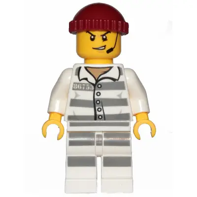  Sky Police - Jail Prisoner 86753 Prison Stripes, Scowl with Open Mouth and Headset, Dark Red Knit Cap
