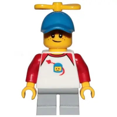  Boy, Freckles, Classic Space Shirt with Red Sleeves, Light Bluish Gray Short Legs, Blue Cap with Tiny Yellow Propeller