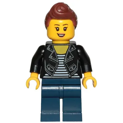  Teenage Girl, Black Jacket and White Shirt with Black Stripes, Dark Blue Legs, Reddish Brown Hair Female Ponytail and Fringe