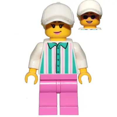  Ice Cream Vendor - Female, White Shirt with Dark Turquoise Stripes, Dark Pink Legs, White Cap with Bright Light Yellow Ponytail Hair, Sunglasses
