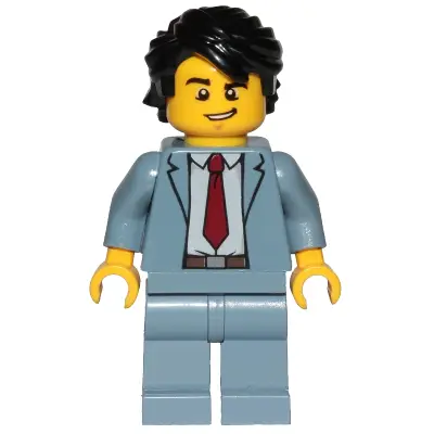  Reporter - Sand Blue Suit, Dark Red Tie, Black Hair Swept Back Tousled