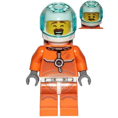  Astronaut - Male, Orange Spacesuit with Dark Bluish Gray Lines, Trans-Light Blue Visor, Large Smile with Eyes Closed and Smirk
