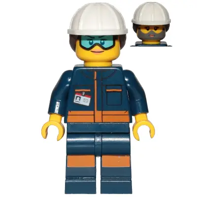  Rocket Engineer - Female, Dark Blue Jumpsuit, White Construction Helmet with Dark Brown Ponytail Hair, Light Blue Goggles and Face Covered with Dirt
