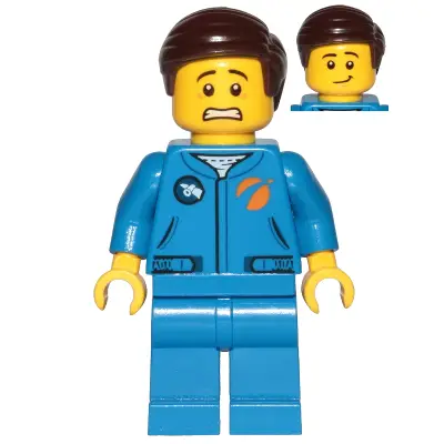  Astronaut - Male, Blue Jumpsuit, Dark Brown Hair Short Combed Sideways Part Left, Scared and Lopsided Smile
