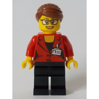  Reporter - Female, Red Suit Jacket with ID Badge, Black Legs, Reddish Brown Hair Swept Back into Bun, Glasses