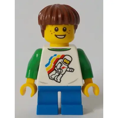  Child - Boy, Classic Space Shirt with Minifigure Floating and Back Print, Blue Short Legs, Reddish Brown Hair, Freckles