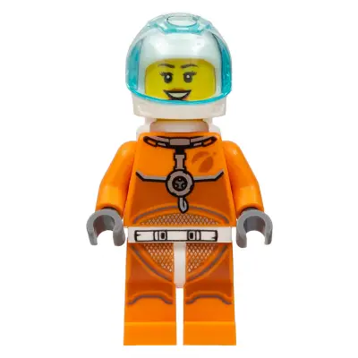  Astronaut - Female, Orange Spacesuit with Dark Bluish Gray Lines, Trans-Light Blue Visor, Open Mouth Smile