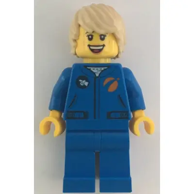  Astronaut - Female, Blue Jumpsuit, Tan Hair Tousled with Side Part, Freckles, Open Mouth Smile