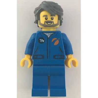  Astronaut - Male, Blue Jumpsuit, Dark Bluish Gray Hair and Full Angular Beard, Open Mouth Smile