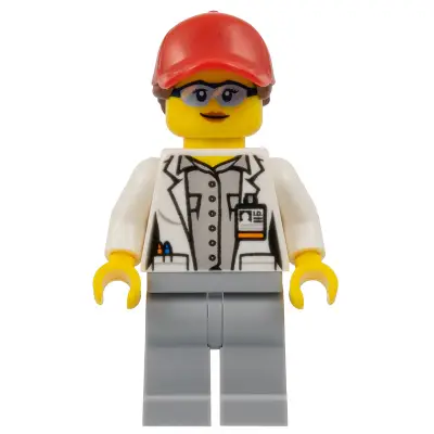 Scientist - Female, Red Ball Cap with Reddish Brown Ponytail, Blue Goggles and Light Bluish Gray Legs