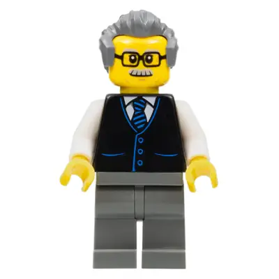  Launch Director - Male, Black Vest with Blue Striped Tie, Dark Bluish Gray Legs, Dark Bluish Gray Hair, Glasses and Moustache