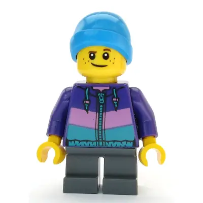  Boy - Dark Purple Jacket, Dark Bluish Gray Short Legs, Dark Azure Beanie