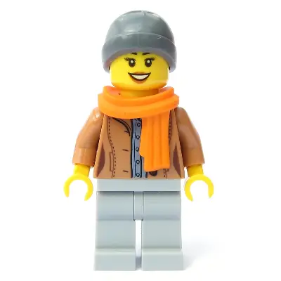  Customer - Female, Medium Nougat Jacket, Light Bluish Gray Legs, Dark Bluish Gray Beanie, Orange Scarf