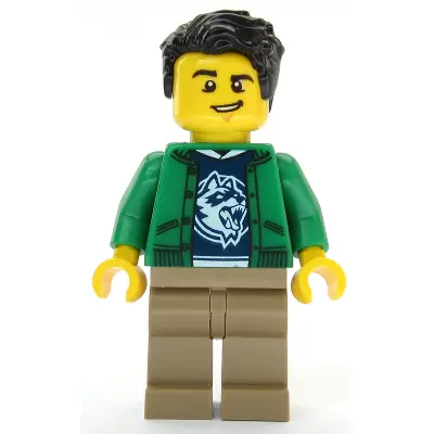  Ski Shop Clerk - Male, Green Jacket over Raccoon Shirt, Black Hair