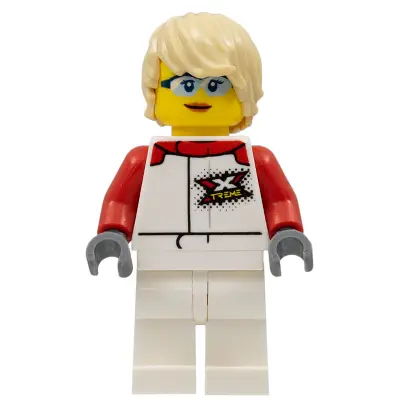  Race Boat Truck Driver - Female, White and Red Racing Suit with 'XTREME' Logo, White Legs, Tan Tousled Hair, Safety Glasses