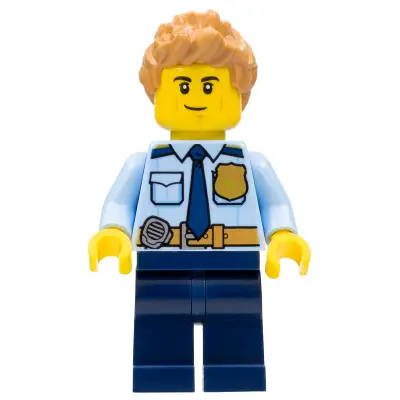  Police - City Officer Shirt with Dark Blue Tie and Gold Badge, Dark Tan Belt with Radio, Dark Blue Legs, Medium Nougat Spiked Hair