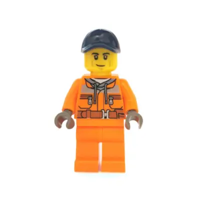  Street Sweeper Operator - Male, Orange Safety Jacket, Reflective Stripe, Sand Blue Hoodie, Orange Legs, Dark Blue Cap with Hole, Smirk