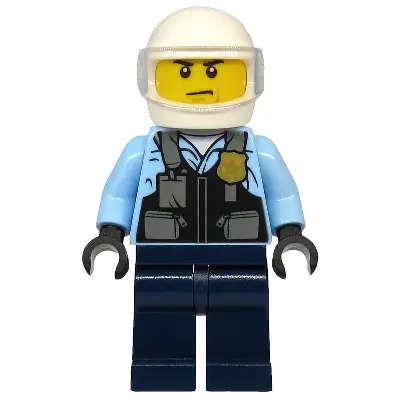  Police - City Motorcyclist, Safety Vest with Police Badge, Dark Blue Legs, White Helmet, Trans-Clear Visor