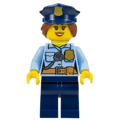  Police - City Officer Female, Bright Light Blue Shirt with Badge and Radio, Dark Blue Legs, Dark Blue Police Hat