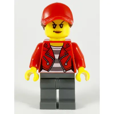  Police - City Bandit Crook, Red Jacket, Red Ball Cap with Reddish Brown Ponytail, Dark Bluish Gray Legs