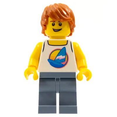  Surfer - Male, White Tank Top with Dark Azure Sailboat, Sand Blue Legs, Dark Orange Tousled Hair