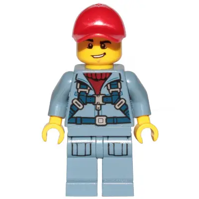  Ocean Mini-Submarine Pilot  - Male, Harness, Sand Blue Legs with Pockets, Red Cap, Lopsided Grin