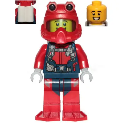  Scuba Diver - Male, Open Mouth Smile, Red Helmet, White Air Tanks, Red Flippers