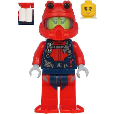  Scuba Diver - Female, Nougat Lips Smile, Red Helmet, White Air Tanks, Red Flippers