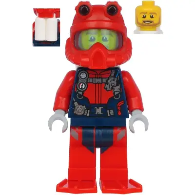  Scuba Diver - Male, Open Mouth, Dark Tan Beard, Red Helmet, White Air Tanks, Red Flippers