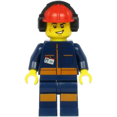  Airport Flagger - Male, Dark Blue Jumpsuit with Orange Stripes, Red Construction Helmet with Black Ear Protectors / Headphones