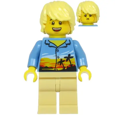  Plane Passenger - Male, Bright Light Yellow Hair, Medium Blue Hawaiian Shirt, Tan Legs