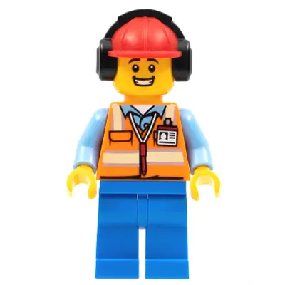  Ground Crew - Male, Orange Safety Vest with Reflective Stripes, Blue Legs, Red Construction Helmet with Black Ear Protectors / Headphones